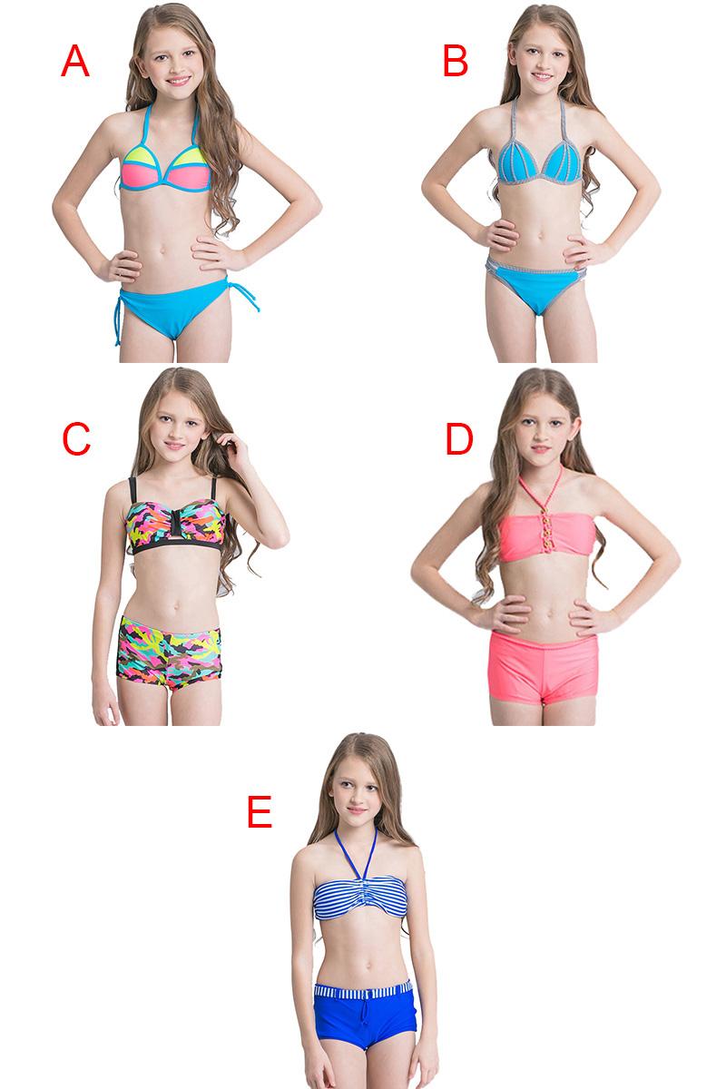 Girls Two-piece Bikini Swimwear Swimming Suit Multi Color Stripe Hand-woven Super Elastic Nylon Lace-up Breathable Soft